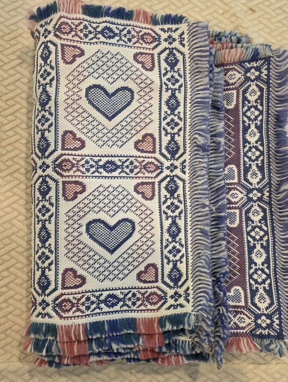 6  Cottagecore Vintage Heart Pattern Woven Place Mats - Blue, Pink, White
